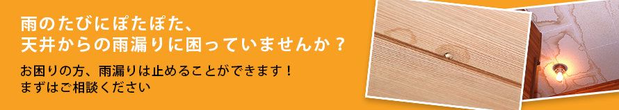 雨のたびにぽたぽた、天井からの雨漏りに困っていませんか？ お困りの方、雨漏りは止めることができます！ まずはご相談ください